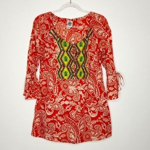 Jane Ivy  Embroidered Paisley Orange Bell Sleeves Tunic Size Large
